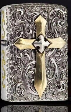Rare Jacketed Silver Gold Crow Heart Cross Zippo Lighter